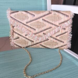 Urban Expression Woven Clutch W/gold Shoulder Chain & Fringe. New.Neutral Colors